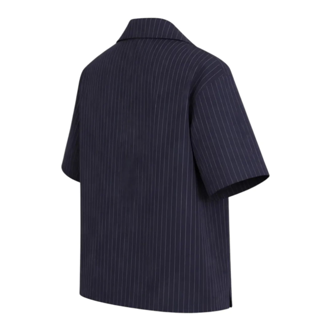 G-Thangz Men's Pinstripe Camp Collar Shirt Navy Blue Regular Fit Short Sleeve Medium (M)