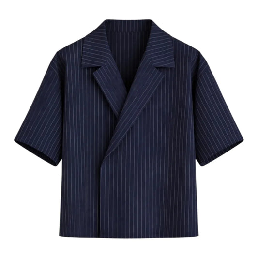 G-Thangz Men's Pinstripe Camp Collar Shirt Navy Blue Regular Fit Short Sleeve Medium (M)