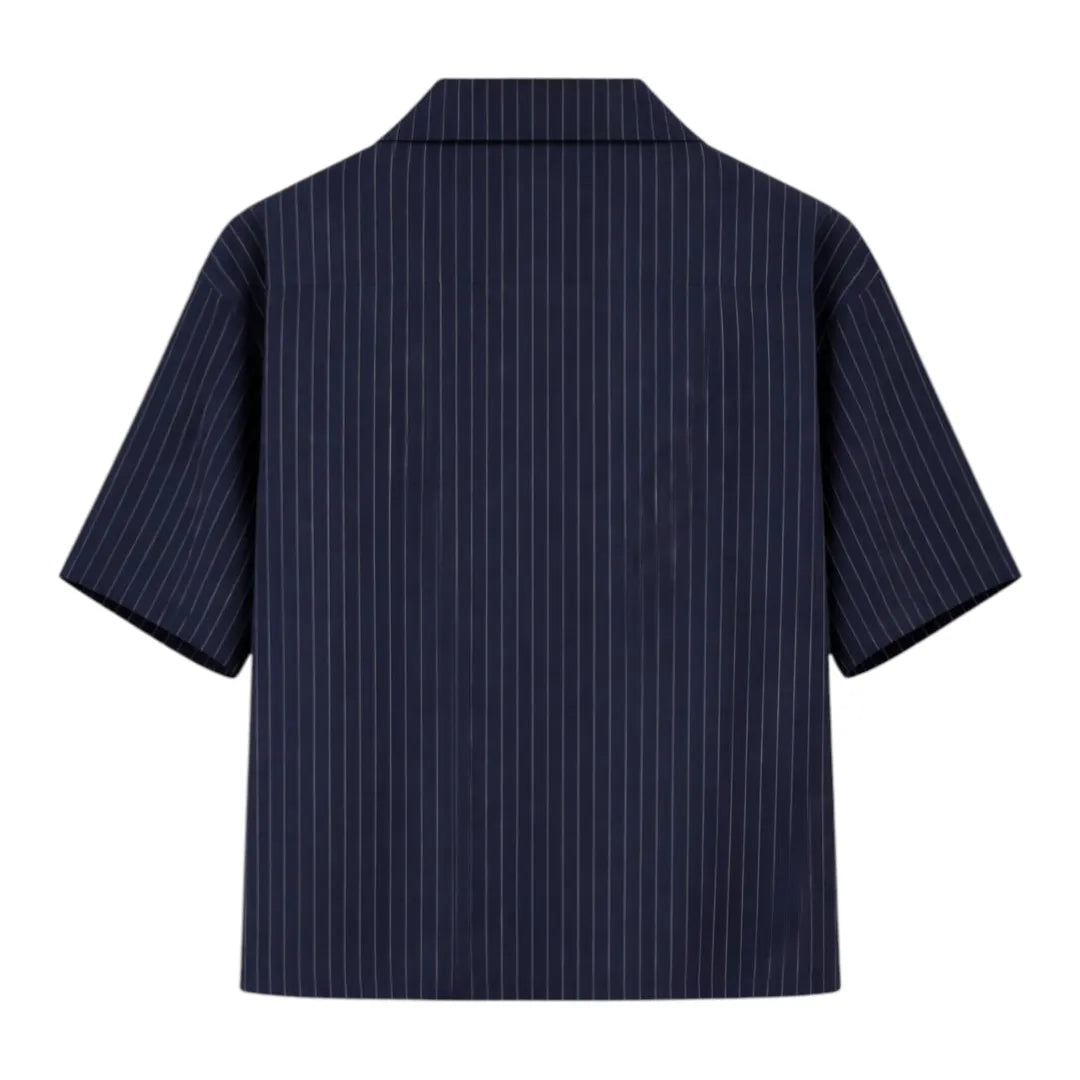 G-Thangz Men's Pinstripe Camp Collar Shirt Navy Blue Regular Fit Short Sleeve Medium (M)