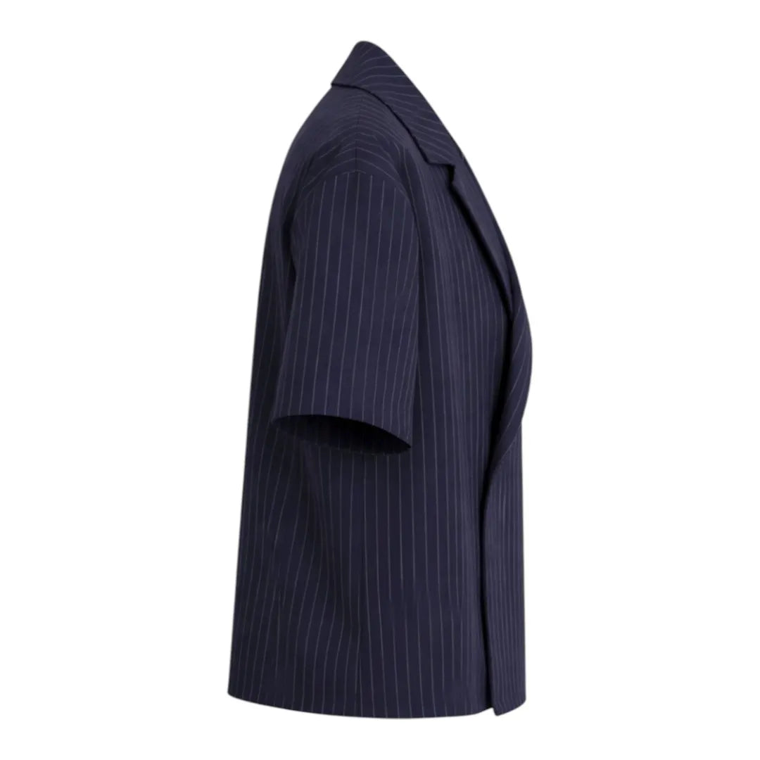 G-Thangz Men's Pinstripe Camp Collar Shirt Navy Blue Regular Fit Short Sleeve Medium (M)